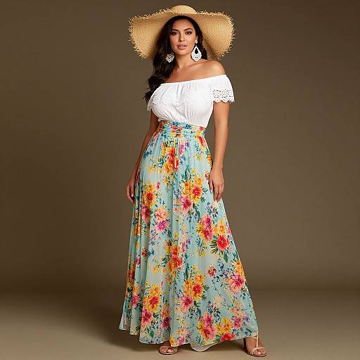 Photograph of a woman with long black hair wearing a white off-shoulder top, floral blue skirt, straw hat, and large earrings, standing