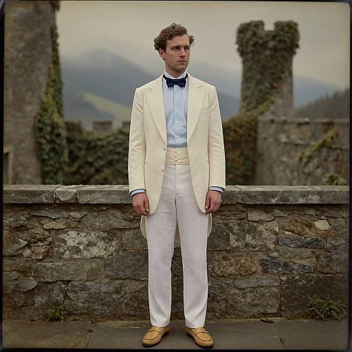 Photograph of a man in a cream tuxedo, white pants, blue bow tie, and tan shoes, standing against a stone wall with iv