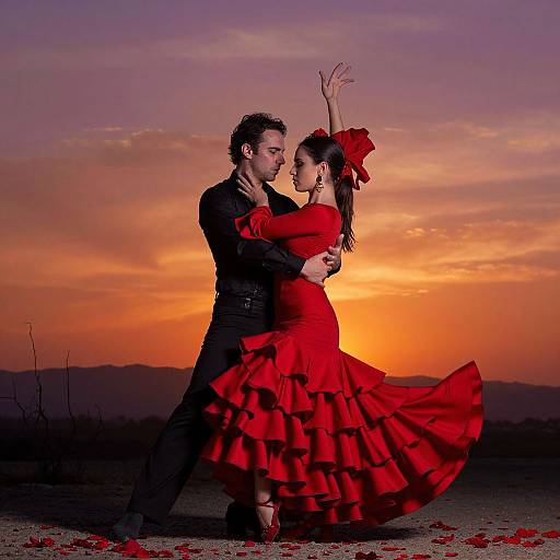 Photograph of a dancing couple at sunset; man in black suit, woman in red ruffled dress, holding each other, arms raised, colorful sky