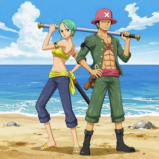 Digital anime-style drawing of a green-haired woman in a yellow bikini and blue pants, and a red-hatted man with a muscular chest, both standing