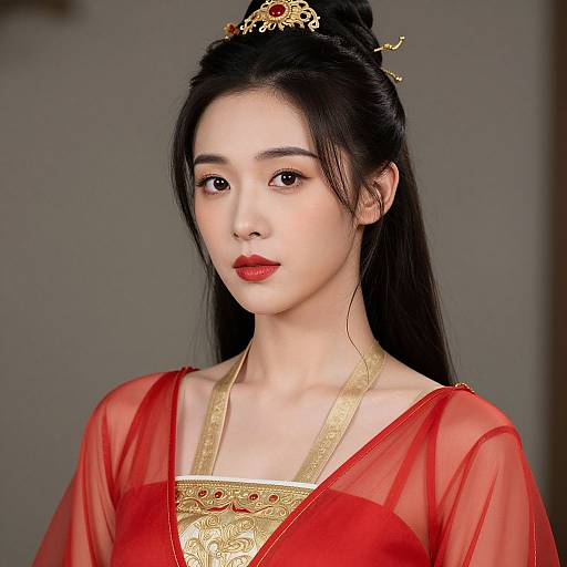 Photograph of an East Asian woman with fair skin, long black hair in a bun, wearing a red sheer dress with gold embroidery and a gold crown