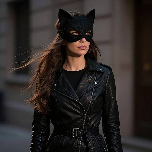 Photograph of a woman in a black leather jacket, cat-ear mask, and long brown hair, standing in a dimly lit urban setting at