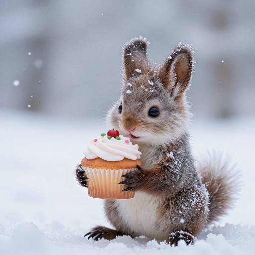 Adorable snow-covered grey squirrel holding a cupcake with white frosting and a cherry, in a snowy outdoor setting. Photorealistic photograph.
