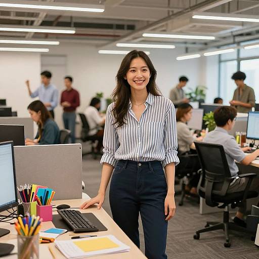 Photograph of a smiling Asian woman with long black hair, wearing a striped blouse and dark pants, standing in a modern, brightly-lit office with