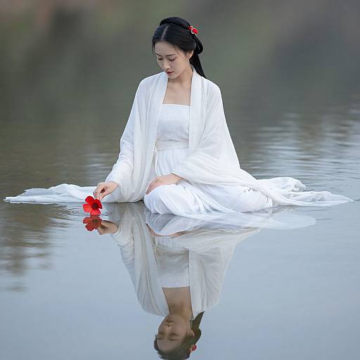 Photograph of an Asian woman with black hair in a white traditional dress, sitting in calm water, holding a red flower, with her reflection visible.