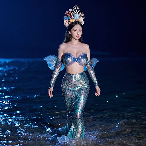 Photograph of a fair-skinned, dark-haired mermaid with blue sequin top and skirt, fish-scale arms, and crown, standing in glowing