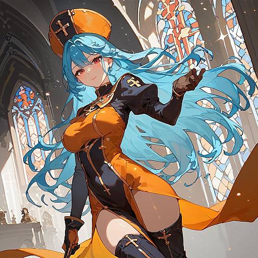 Anime-style digital drawing of a blue-haired, red-eyed woman in an orange and black nun-like outfit, gesturing with a gloved hand inside a