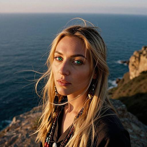 Photograph of a blonde woman with green eyes, wearing a black top and beaded necklace, standing on a rocky cliff overlooking a dark blue ocean at