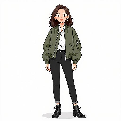 Digital anime-style drawing of a young woman with straight brown hair, green bomber jacket, white shirt, black pants, and black boots.