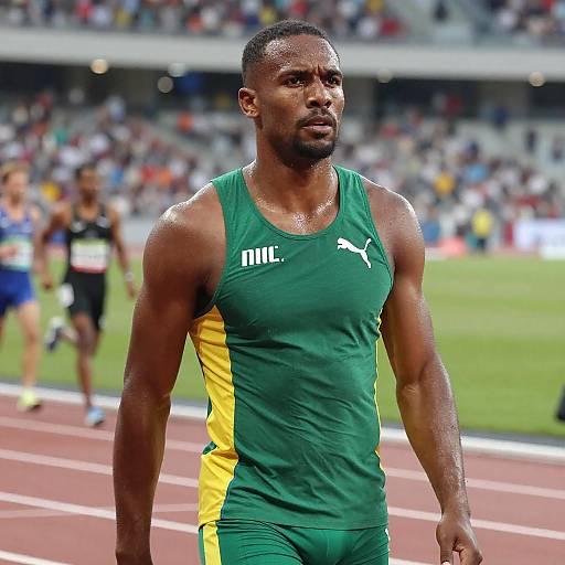 Photograph of a muscular, dark-skinned male sprinter in a green and yellow Puma uniform, sweating, running on a track field with blurred