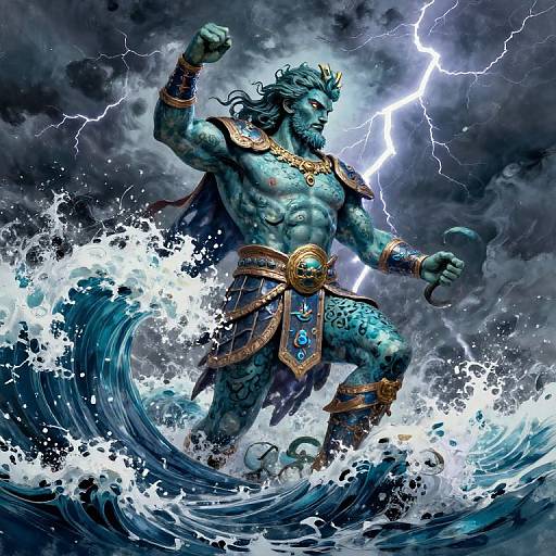 Digital artwork of a muscular, blue-skinned, sea deity with long hair, gold jewelry, and tattoos, standing powerfully in a stormy ocean