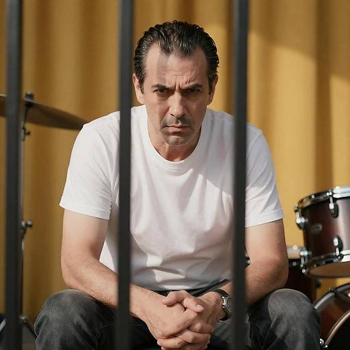 Intense Man Behind Bars with Drum Set