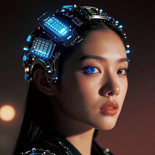 Photograph of an Asian woman with glowing blue circuitry headpiece, illuminated eyes, and red lips, against a dark, softly lit background. Cyber