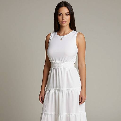 Photograph of a young woman with long black hair, wearing a sleeveless, white, knee-length dress, standing against a plain gray background.