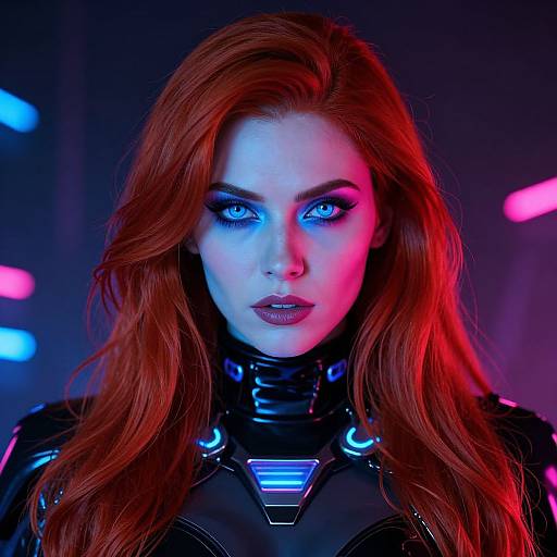 Photograph of a red-haired woman with glowing blue eyes, wearing a black, high-tech suit, illuminated by neon pink and blue lights.