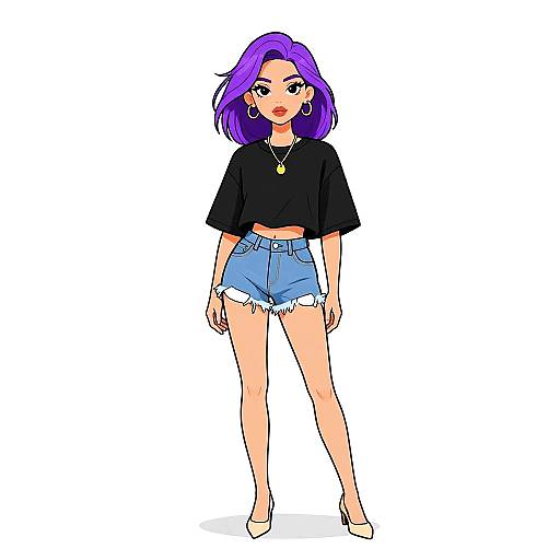 Digital illustration of a young woman with purple hair, black crop top, frayed denim shorts, white high heels, and hoop earrings.