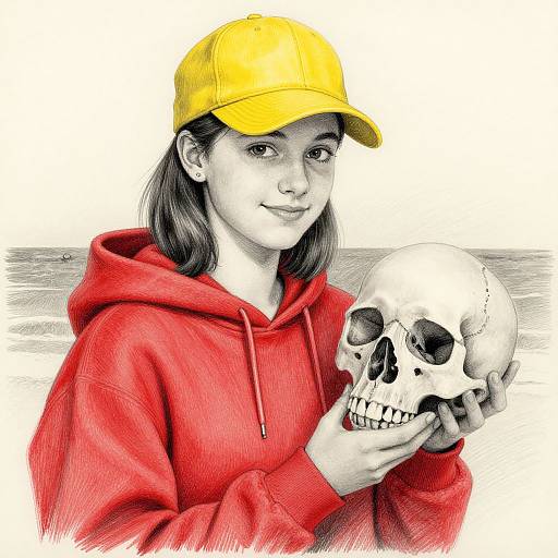 Coastline Girl Holding Human Skull