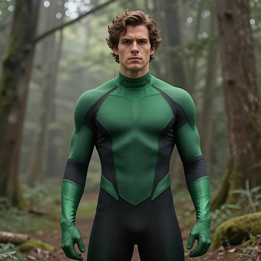 Male Superhero in Green and Black Suit in Forest