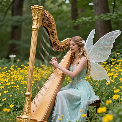 Ethereal Fairy Playing Golden Harp