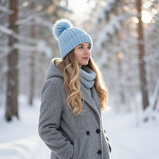 Photograph of a blonde woman with long wavy hair, wearing a light blue knit beanie, gray coat, and scarf, standing in a snowy