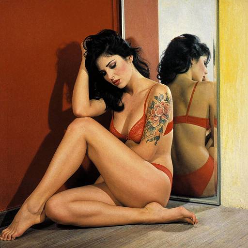 Photograph of a curvy woman with black hair, red lace bra and panties, sitting on wooden floor, back against red wall, reflecting in full