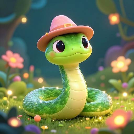 Cute, cartoon-style green snake with large eyes, wearing a pink hat, coiled in a glowing, colorful forest with blooming flowers.