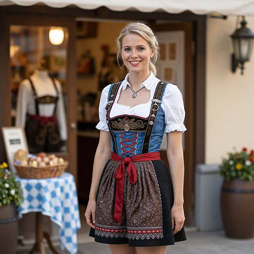 Photograph of a smiling blonde woman in traditional Bavarian dress with blue denim bodice, white blouse, red sash, and black skirt, standing
