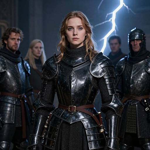 Photograph of a young, fair-skinned woman with long, wavy blonde hair, in shiny black medieval armor, standing confidently in front of a