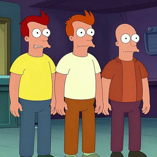 Three cartoon men with exaggerated features stand in a dimly lit room; red-haired man in yellow shirt, orange-haired man in white shirt, bald man