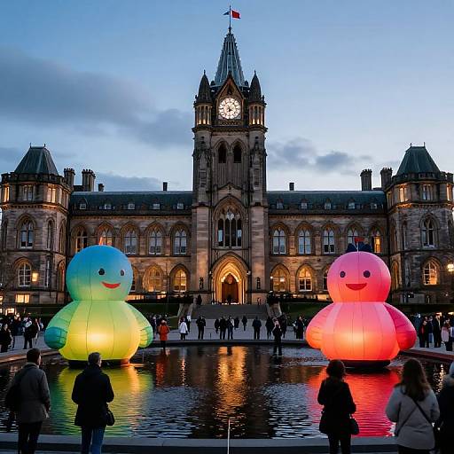 Photograph of illuminated, colorful balloon figures (blue and pink) in front of a grand, Gothic-style building with a clock tower at dusk. Crowd