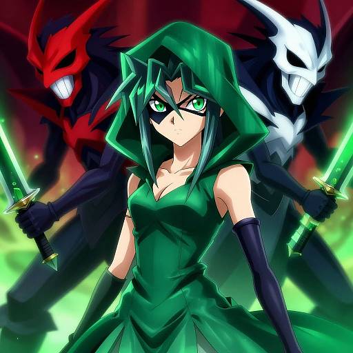 Anime-style digital artwork of a green-eyed, green-haired woman in a hooded green dress, holding glowing green swords, with red and white menacing figures