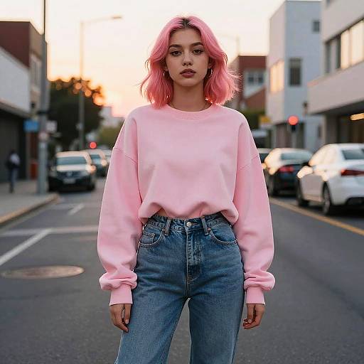 Confident Woman with Pink Hair at Sunset