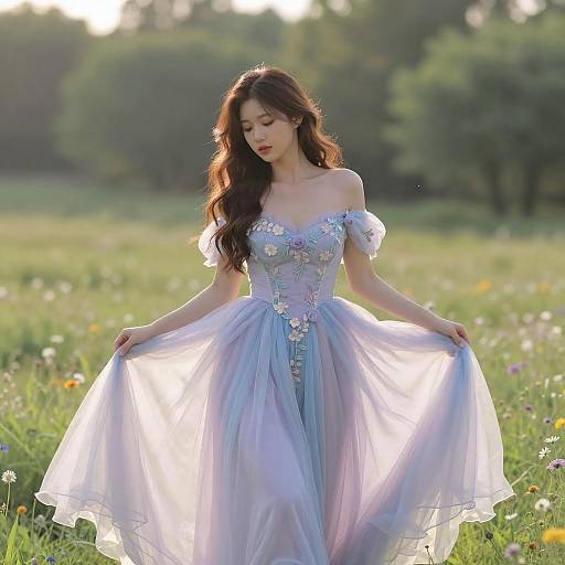 Woman in Pastel Embroidered Dress in Meadow