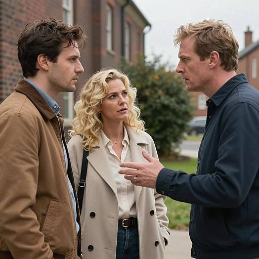 Three Adults Having Intense Outdoor Conversation