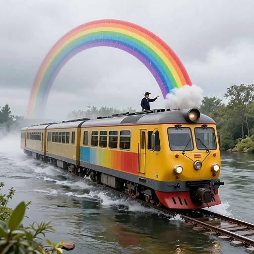 Photograph of a yellow train with rainbow stripes, a person standing on the roof waving, and a rainbow arching over it, cutting through water,