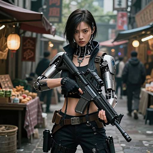 Cyberpunk street scene photograph: Asian woman with black bob, metallic arm prosthetics, black outfit, holding assault rifle, urban market background.
