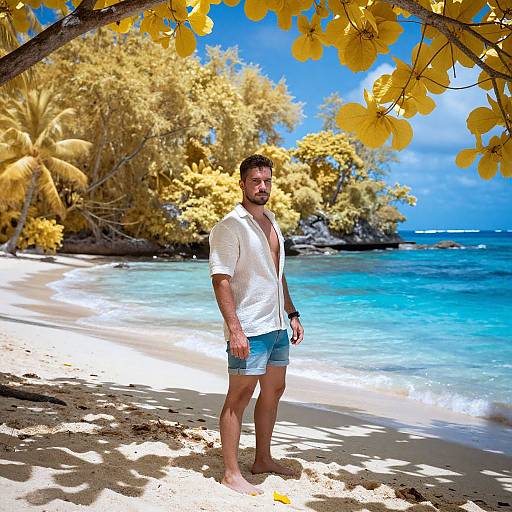 Photograph of a handsome, muscular man with short dark hair and beard, wearing a white shirt and denim shorts, standing on a sunny tropical beach with