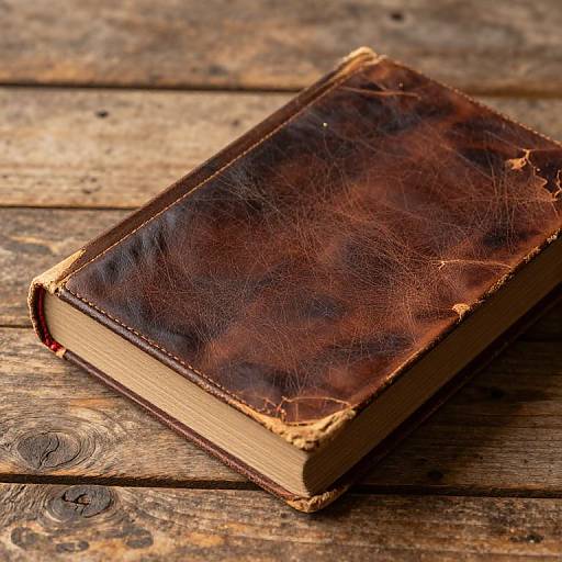 Photograph of a worn, brown leather-bound book with frayed edges, resting on a rustic, weathered wooden table. Warm, natural light highlights