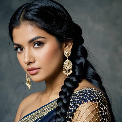 Woman in Net Saree with Gold Earrings