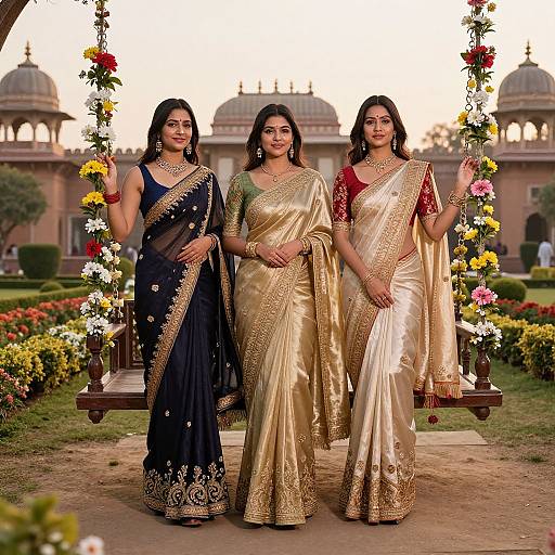 Three Indian women in traditional sarees, standing on a flower-adorned swing, in front of a historic palace at sunset. Photograph.