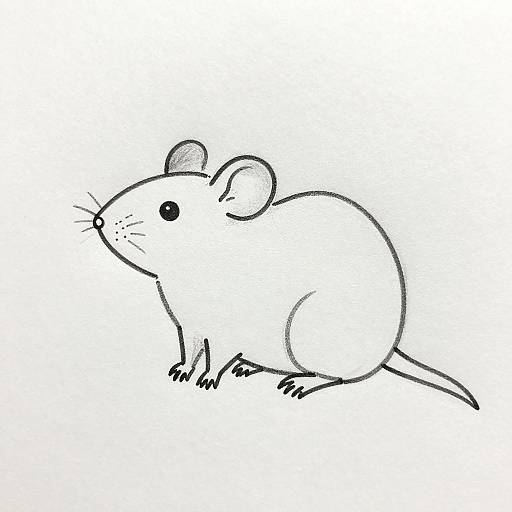 Black and white line drawing of a simple, cute mouse with round ears, small black eyes, and a curved tail.