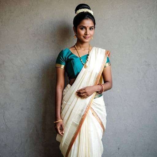 Indian Woman in Traditional White Saree and Green Blouse