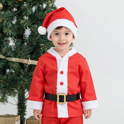 Photograph of a smiling young boy in a red Santa outfit with white trim, black belt, and hat, standing in front of a decorated Christmas tree