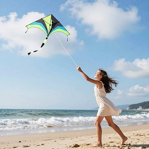 Joyful Girl Flying Kite on Beach