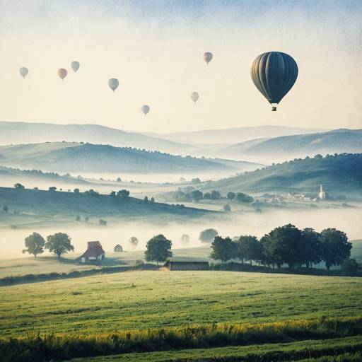 Morning Fog Over Countryside Balloon Scene Morning Fog Over Countryside Balloon Scene