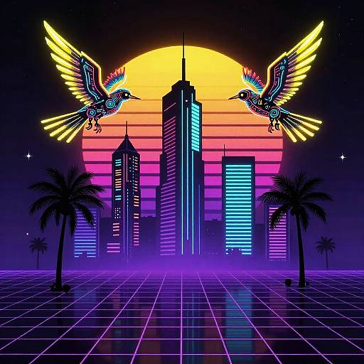 Retro 80s Synthwave Cyber Birds