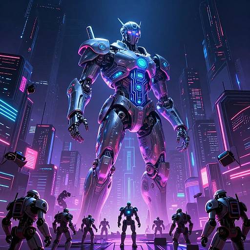 Digital CGI of a towering, glowing neon robot in a cyberpunk city, surrounded by smaller robotic soldiers and vibrant, illuminated skyscrapers.