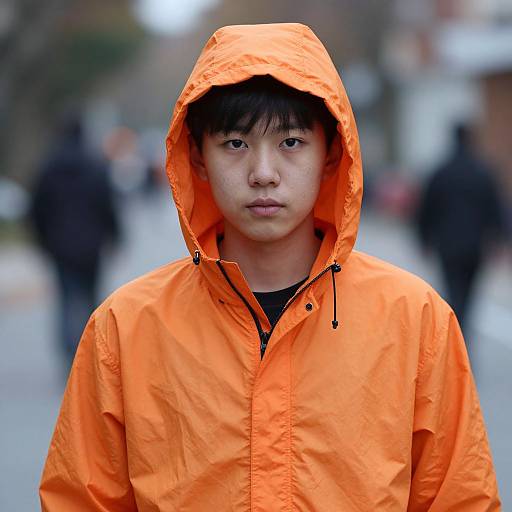 Photograph of an Asian man with straight black hair, wearing an orange hooded rain jacket, standing in a blurred urban street.