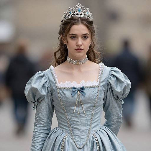 Photograph of a young woman with fair skin, brown hair, and blue eyes, wearing a silver-blue, puffed-sleeve Renaissance gown,