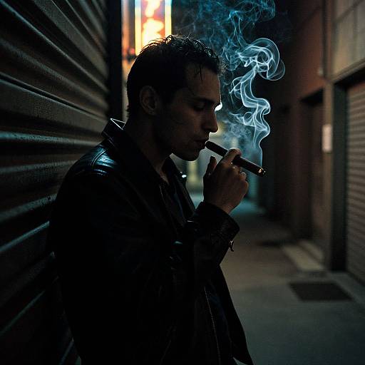 Photograph of a shadowy man in a leather jacket, smoking a cigarette, with blue smoke curling upwards in a dim, urban alley.